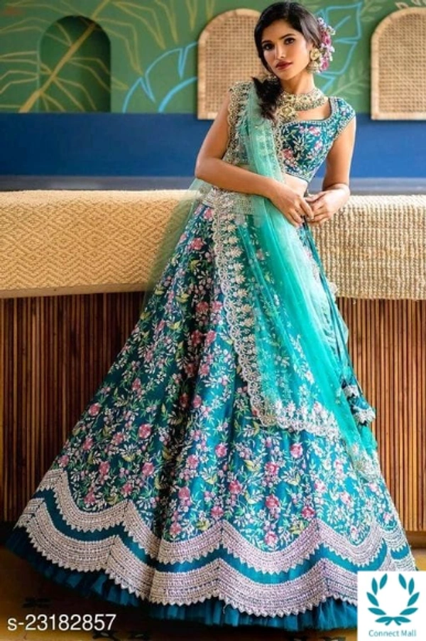 Beautiful Semi Stitched lehenga Choli - Free Size, Sky Blue, Satain Dupatta Fabric : Net, Embroidered, Multipack :1